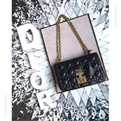 迪奥女包 Dior Addict女包 小羊皮 藤格纹 翻盖式 迪奥手提包 黑色 高仿迪奥女包