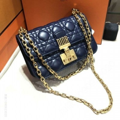 迪奥女包 Dior Addict女包 小羊皮 藤格纹 翻盖式 迪奥手提包 宝蓝色 高仿迪奥女包