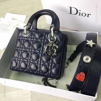 迪奥女包 Dior LADY DIOR小羊皮手提包 2017新款迪奥徽章戴妃包 蓝色 高仿迪奥女包