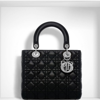 迪奥女包 迪奥 Dior Lady Dior 黑色小羊皮手提包经典藤格纹 银...