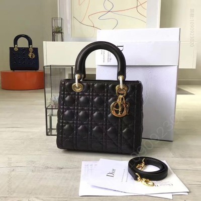 迪奥女包 Dior迪奥 Lady Dior 经典戴妃包 五格 黑色羊皮 金 小号 高仿迪奥女包 原单迪奥女包