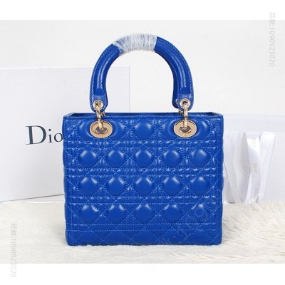 迪奥女包 Dior迪奥 Lady Dior 经典戴妃包 五格 电光蓝羊皮 金 小号 高仿迪奥女包 原单迪奥女包