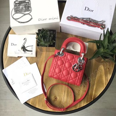 迪奥女包 Dior迪奥 Lady Dior 经典迪奥戴妃包 三格 红色羊皮 Dior链条包 银扣 高仿迪奥女包 原单迪奥女包