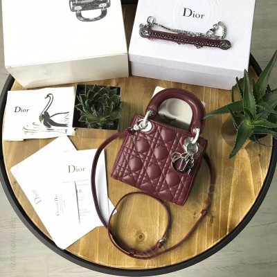 迪奥女包 Dior迪奥 Lady Dior 经典迪奥戴妃包 Mini三格 酒红羊皮 Dior链条包 银扣 高仿迪奥女包 原单迪奥女包