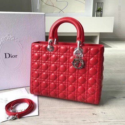迪奥女包 Dior迪奥 Lady Dior 经典戴妃包 七格大号 红色羊皮 银扣 高仿迪奥女包 原单迪奥女包