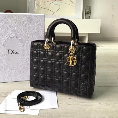 迪奥女包 Dior迪奥 Lady Dior经典戴妃包 七格大号 黑色羊皮 金扣 高仿迪奥女包 原单迪奥女包