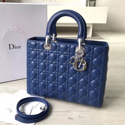Dior迪奥 Lady Dior经典戴妃包 七格大号 蓝色羊皮 银扣
