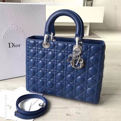 迪奥女包 Dior迪奥 Lady Dior经典戴妃包 七格大号 蓝色羊皮 银扣 高仿迪奥女包 原单迪奥女包