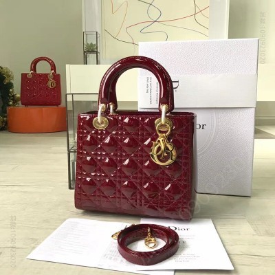 迪奥女包 Dior迪奥 Lady Dior 经典戴妃包 五格小号 酒红色漆皮 金色五金 高仿迪奥女包 原单迪奥女包