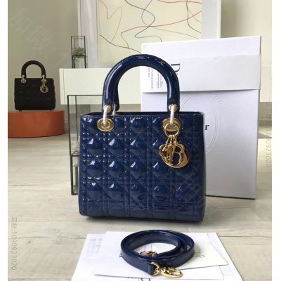 迪奥女包 Dior迪奥 Lady Dior 经典戴妃包 五格小号 蓝色漆皮 ...