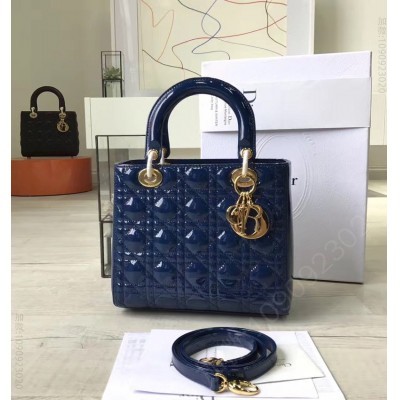 迪奥女包 Dior迪奥 Lady Dior 经典戴妃包 五格小号 蓝色漆皮 金色五金 高仿迪奥女包 原单迪奥女包