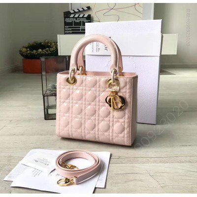 迪奥女包 Dior迪奥 Lady Dior 经典戴妃包 五格小号 粉色漆皮 金色五金 高仿迪奥女包 原单迪奥女包