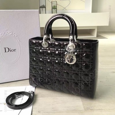 迪奥女包 Dior迪奥 Lady Dior经典戴妃包 七格大号 黑色漆皮 银扣 高仿迪奥女包 原单迪奥女包