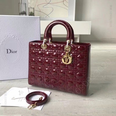 迪奥女包 Dior迪奥 Lady Dior经典戴妃包 七格大号 酒红色漆皮 金扣 高仿迪奥女包 原单迪奥女包