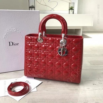 迪奥女包 Dior迪奥 Lady Dior经典戴妃包 七格大号 红色漆皮 银扣 高仿迪奥女包 原单迪奥女包