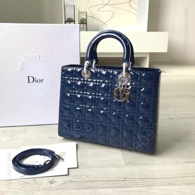 迪奥女包 Dior迪奥 Lady Dior经典戴妃包 七格大号 蓝色漆皮 银扣 高仿迪奥女包 原单迪奥女包