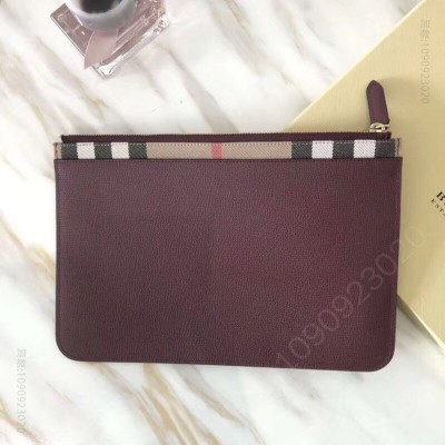 巴宝莉女包 Burberry巴宝莉 House 格纹拼粒纹皮革 拉链收纳袋 枣红色 高仿巴宝莉女包 原单巴宝莉