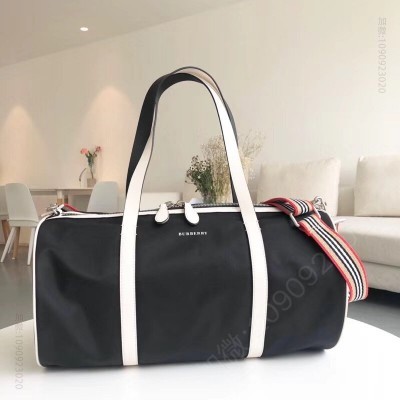 巴宝莉男包 Burberry 中号 拼色 Vintage格纹 圆筒旅行袋 黑色 原单巴宝莉