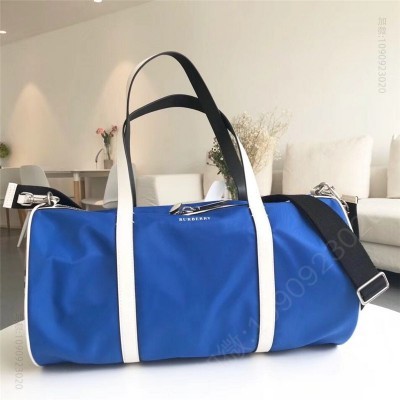 巴宝莉男包 Burberry 中号 拼色 Vintage格纹 圆筒旅行袋 蓝色 原单巴宝莉