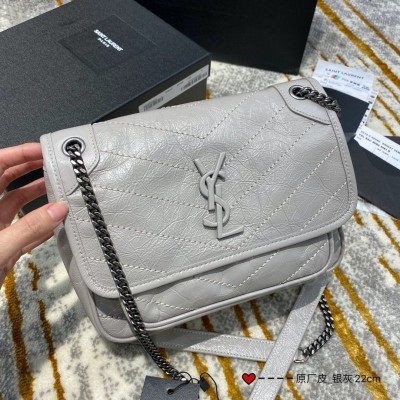 迪圣罗兰女包 YSL圣罗兰 Niki baby 迷你复古褶皱真皮包 银灰色 原单圣罗兰包包