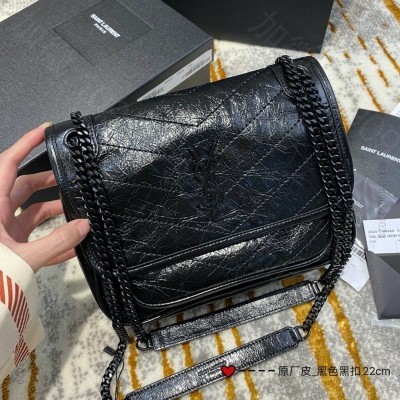 迪圣罗兰女包 YSL圣罗兰 Niki baby 迷你复古褶皱真皮包 黑色 原...