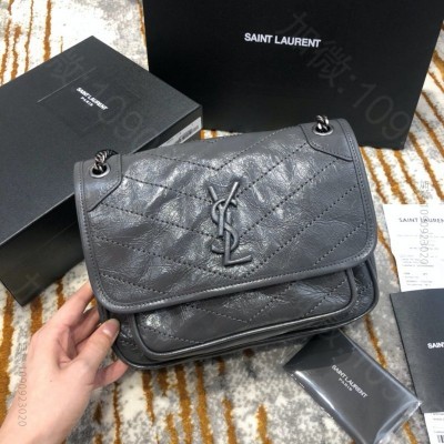 迪圣罗兰女包 YSL圣罗兰 Niki baby 迷你复古褶皱真皮包 深灰色 ...