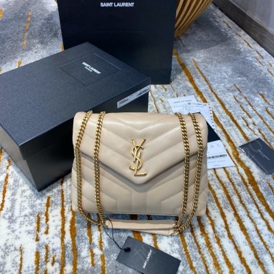 圣罗兰女包 YSL圣罗兰 Saint Laurent LOULOU小号“Y”型绗缝皮革手袋 杏色金扣 原单圣罗兰包包