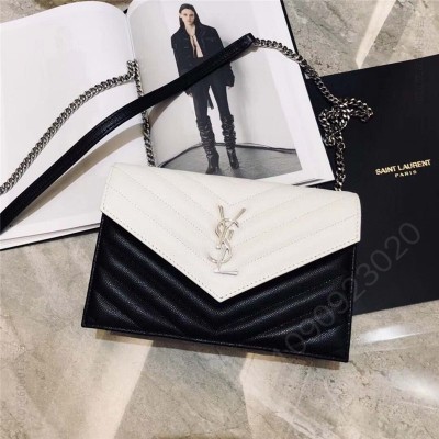 圣罗兰 YSL 进口鱼子酱皮 圣罗兰 真皮信封链式 YSL皮夹 黑白配 高仿圣罗兰女包