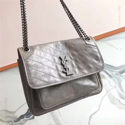 圣罗兰 YSL圣罗兰 NIKI复古 旧油蜡牛皮 褶皱 链条包 灰色 原单圣罗兰女包