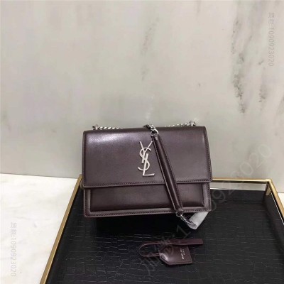圣罗兰 YSL圣罗兰 Sunset最新 牙签纹牛皮 翻盖链条包 深褐色 原单圣罗兰女包