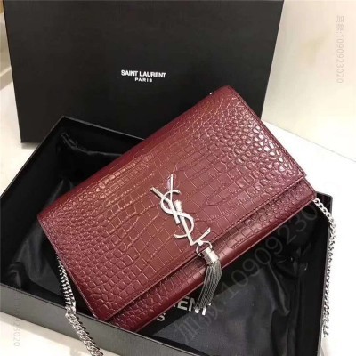 圣罗兰 YSL圣罗兰 专柜最新 细鳄鱼纹 流苏包 酒红色银链 原单圣罗兰女包