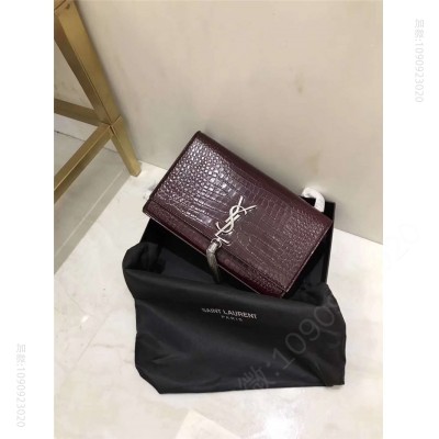 圣罗兰 YSL圣罗兰 专柜最新 细鳄鱼纹 流苏包 枣红银链 原单圣罗兰女包