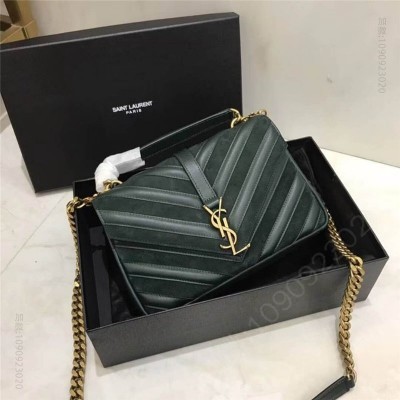 圣罗兰 YSL圣罗兰 麂皮拼羊皮 V纹 中号 链条邮差包 墨绿色 原单圣罗兰女包