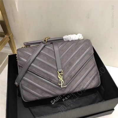 圣罗兰 YSL圣罗兰 麂皮拼羊皮 V纹 大号 链条邮差包 灰色 原单圣罗兰女包