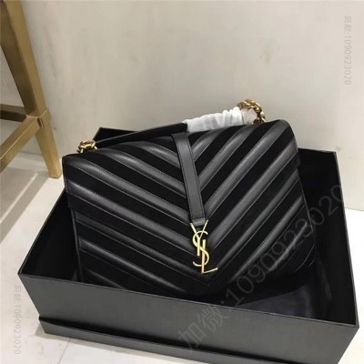 圣罗兰 YSL圣罗兰 麂皮拼羊皮 V纹 大号 链条邮差包 黑色 原单圣罗兰女包