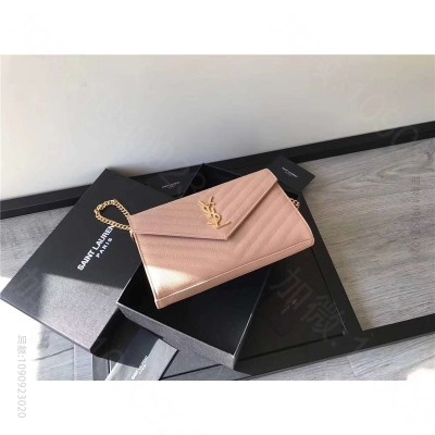 圣罗兰 YSL 进口鱼子酱皮 圣罗兰 真皮链式皮夹 藕粉 原单圣罗兰女包