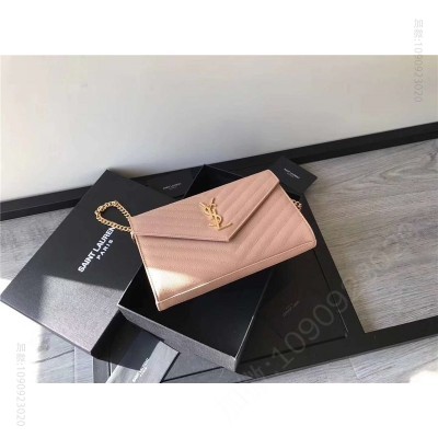 圣罗兰 YSL 进口鱼子酱皮 圣罗兰 真皮链式皮夹 藕粉 原单圣罗兰女包