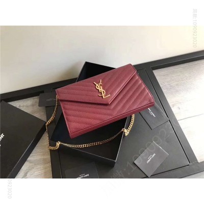 圣罗兰包包 YSL 进口鱼子酱皮 圣罗兰 真皮链式皮夹 酒红 原单圣罗兰女包