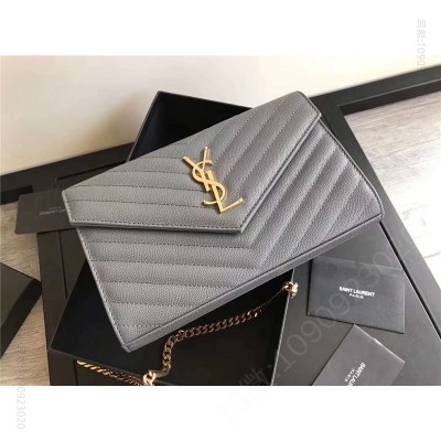 圣罗兰包包 YSL 进口鱼子酱皮 圣罗兰 真皮链式皮夹 灰色 原单圣罗兰女包