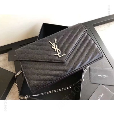 圣罗兰包包 YSL 进口鱼子酱皮 圣罗兰 真皮链式皮夹 黑色银饰 原单圣罗兰女包