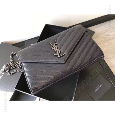 圣罗兰包包 YSL 进口鱼子酱皮 圣罗兰 真皮链式皮夹 黑色钛金 原单圣罗兰女包