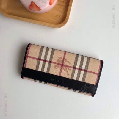 Burberry巴宝莉 经典格纹按扣 战马印花 女士长款钱包 黑色