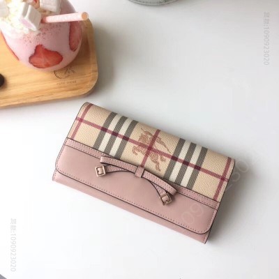 Burberry巴宝莉 格纹按扣 蝴蝶结 战马印花 女士长款钱包 裸粉