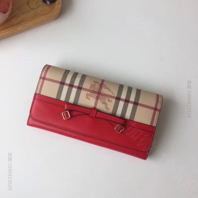 Burberry巴宝莉 格纹按扣 蝴蝶结 战马印花 女士长款钱包 大红