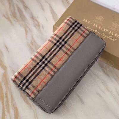 40780591 Burberry巴宝莉 最新 1983格纹拼皮革 全拉链长款钱夹 灰色