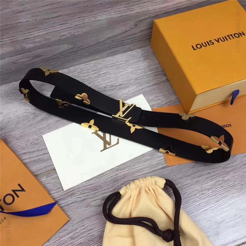 LV女士皮带/腰带 M9310 LV 路易威登 女神款 花卉装饰 进口牛皮 腰带 黑色 高仿LV皮带 原单LV腰带 A货LV M93101