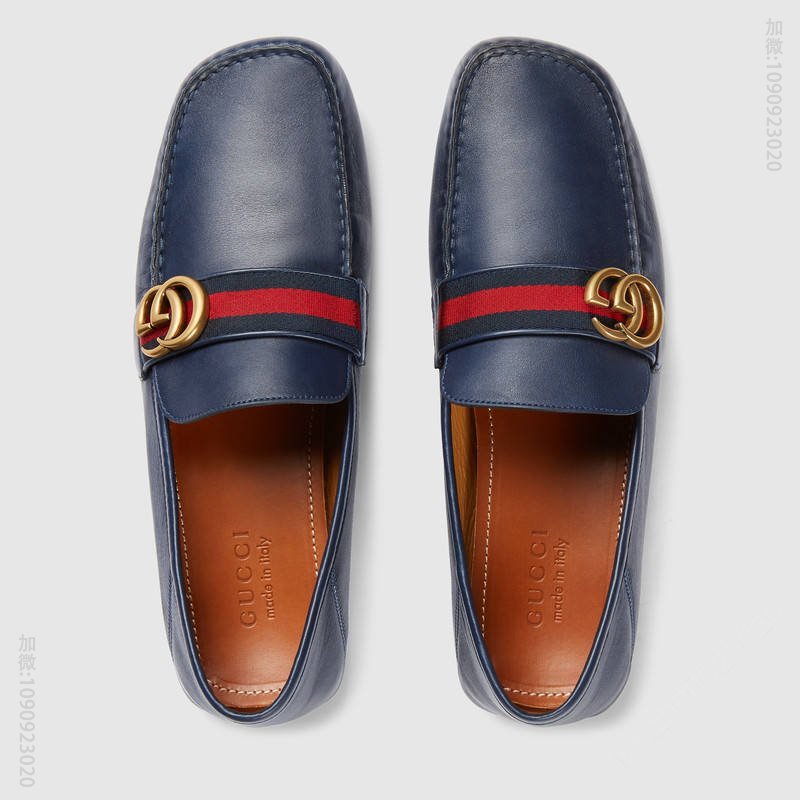 古驰男鞋 GUCCI 织带装饰 双G金属配件 柔软真皮 驾车鞋 蓝色 原单古驰男鞋 高仿古驰 450891