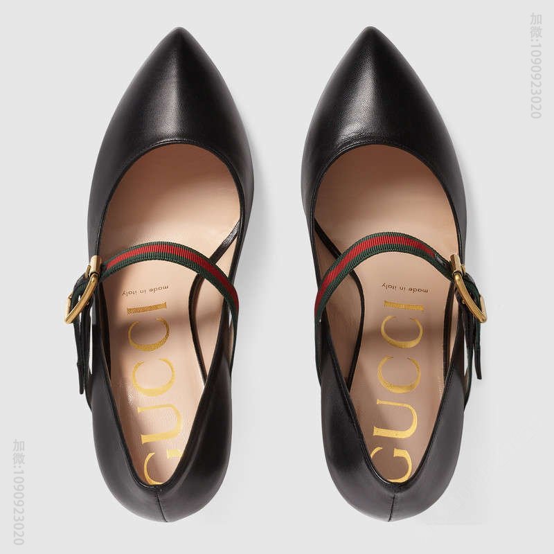 古驰女鞋 GUCCI Sylvie 系列 罗缎织带 皮革 尖头中跟 浅口鞋 黑色 原单古驰女鞋 高仿古驰 475086