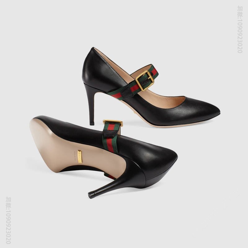 古驰女鞋 GUCCI Sylvie 系列 罗缎织带 皮革 尖头中跟 浅口鞋 黑色 原单古驰女鞋 高仿古驰 475086