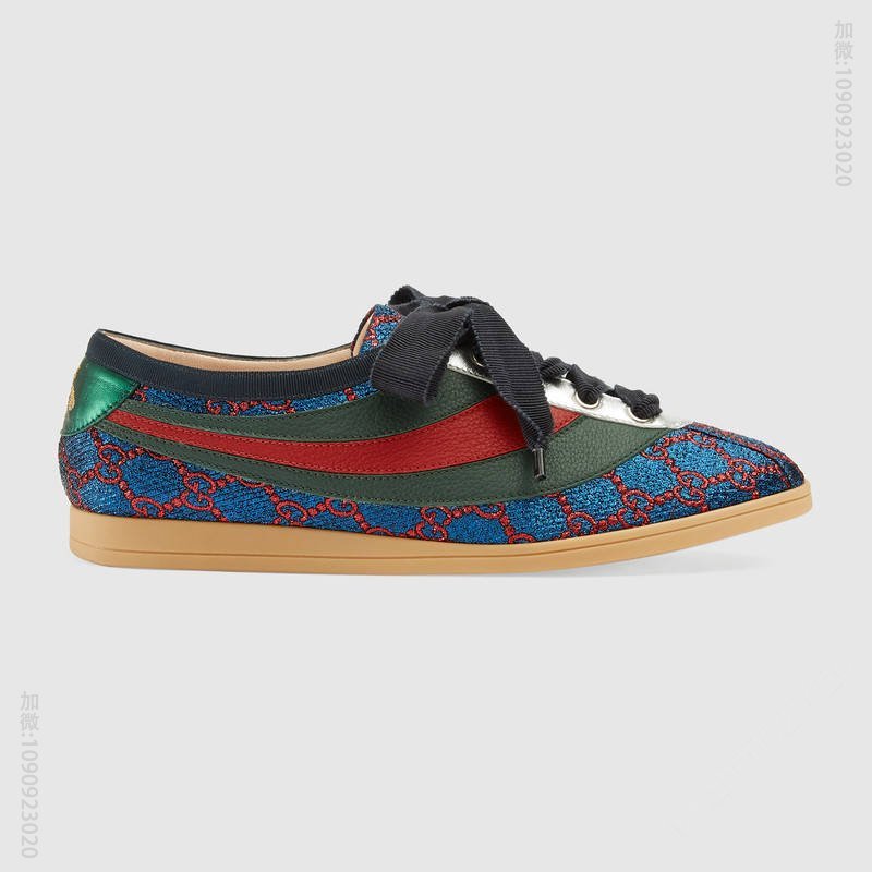 古驰女鞋 GUCCI Falacer织带装饰 银丝双G面料 低帮运动鞋 蓝色 原单古驰女鞋 高仿古驰 493713